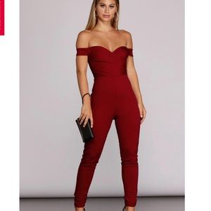 Windsor Red On Your Radar off the shoulder Jumpsuit